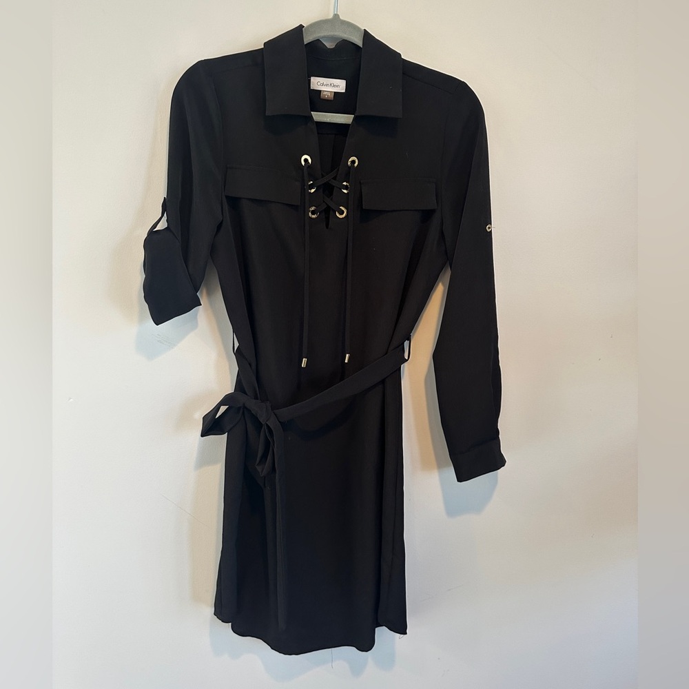 Calvin Klein Black Long Sleeve Dress with Lace-Up Detail